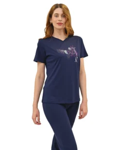 KEY UP - T-SHIRT MEZZA MANICA DONNA BLU CON STAMPA FRONTALE - 5S896/1265