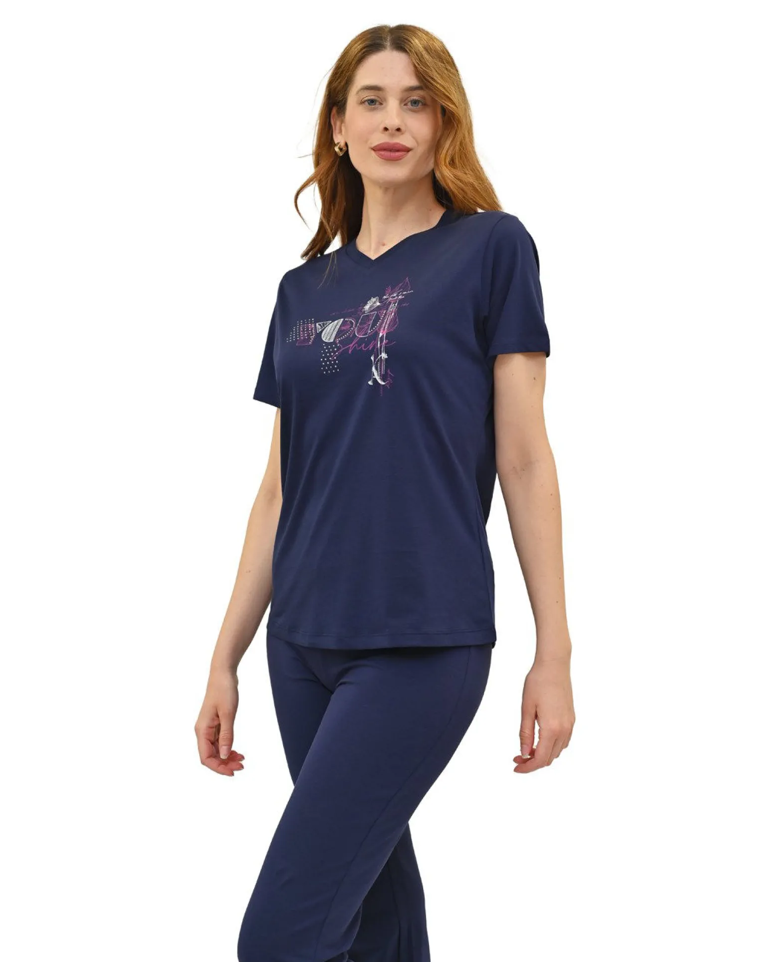 KEY UP - T-SHIRT MEZZA MANICA DONNA BLU CON STAMPA FRONTALE - 5S896/1265