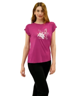 KEY UP - T-SHIRT MEZZA MANICA DONNA FUXIA CON STAMPA FRONTALE- 5S854/5511