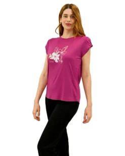 KEY UP - T-SHIRT MEZZA MANICA DONNA FUXIA CON STAMPA FRONTALE- 5S854/5511