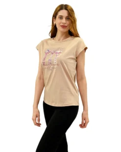 KEY UP - T-SHIRT MEZZA MANICA DONNA BEIGE CON STAMPA FRONTALE-  5S886/3468