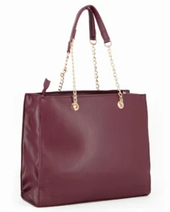 LANCETTI - Borsa a due manici bordeaux con dettaglio frontale scamosciato