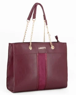 LANCETTI - Borsa a due manici bordeaux con dettaglio frontale scamosciato