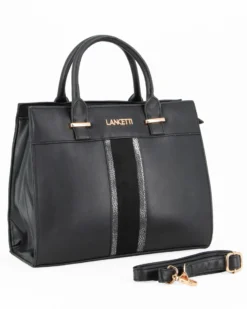 LANCETTI - Borsa a due manici nera con dettaglio frontale scamosciato,tracolla removibile
