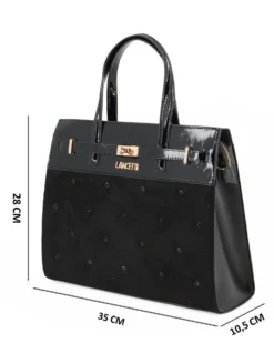 LANCETTI - Borsa a due manici nera con parte frontale scamosciata e dettagli strass, tracolla removibile