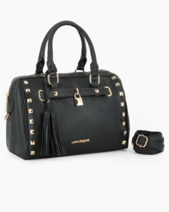 LAURA BIAGIOTTI - Bauletto nero con borchie, pennacchi con frange e cinturino con lucchetto, tracolla removibile