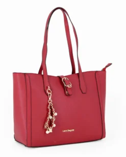 LAURA BIAGIOTTI - Borsa a due manici rubino con mini pattina e dettaglio pendente con perle