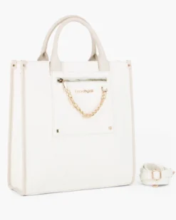 LAURA BIAGIOTTI - Borsa a mano bianca con dettaglio catenina sulla tasca frontale, tracolla removibile