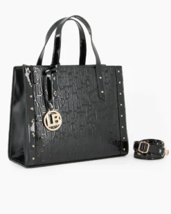 LAURA BIAGIOTTI - Borsa a mano nera con lettere in rilievo e borchie, tracolla removibile