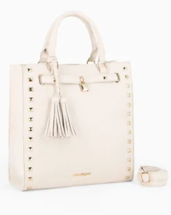 LAURA BIAGIOTTI - Borsa due manici naturale con borchie, pennacchi con frange e cinturino con lucchetto, tracolla removibile