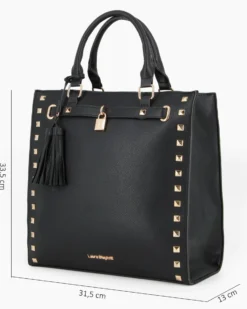 LAURA BIAGIOTTI - Borsa due manici nera con borchie, pennacchi con frange e cinturino con lucchetto, tracolla removibile