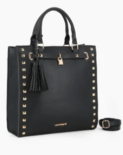 LAURA BIAGIOTTI - Borsa due manici nera con borchie, pennacchi con frange e cinturino con lucchetto, tracolla removibile