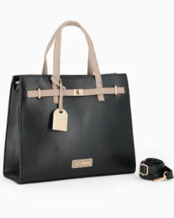 LAURA BIAGIOTTI - Borsa due manici nera con ciondolo removibile e dettaglio cinturino con girello, tracolla removibile