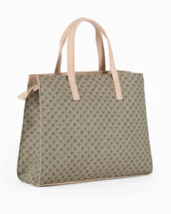 LAURA BIAGIOTTI - Borsa due manici beige loggata con dettaglio cinturino frontale con girello, tracolla removibile