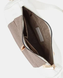 LAURA BIAGIOTTI - Borsa mezzaluna bianca con tasca frontale e posteriore e inserto centrale tortora