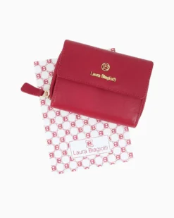 LAURA BIAGIOTTI - Portafoglio rosso in VERA PELLE da donna con patta e tasca portamonete