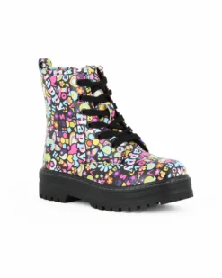 MISS GLOBO - Anfibio nero da bambina con zip laterale e stampe multicolor