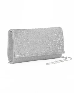 MISS GLOBO - Borsa pochette argento in lurex con strass sulla patta e stecca in metallo di strass