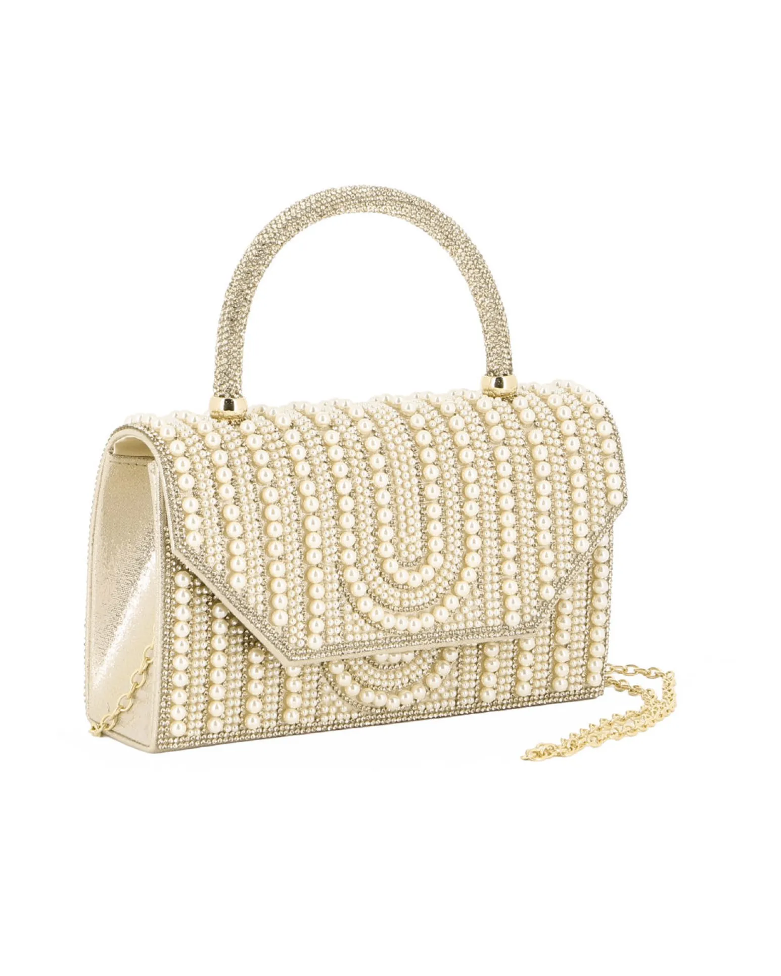 MISS GLOBO - Borsa pochette oro rivestita di perle e manico di strass per cerimonie