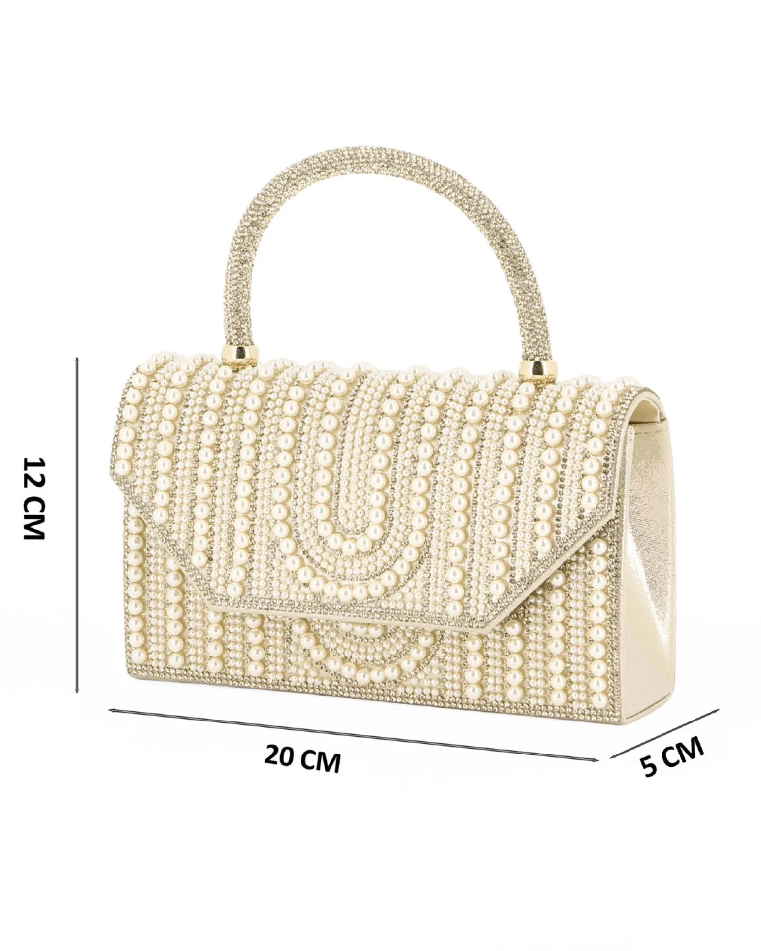 MISS GLOBO - Borsa pochette oro rivestita di perle e manico di strass per cerimonie