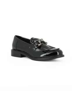 MISS GLOBO - Mocassino nero effetto vernice con morsetto gioiello e frange, sottopiede in memory soft