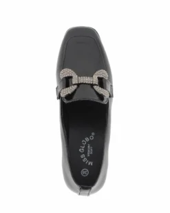 MISS GLOBO - Mocassino nero effetto vernice con sottopiede in memory soft e morsetto con strass, tacco 3,5CM
