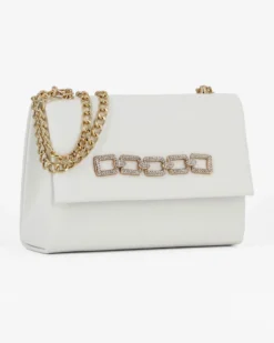 MISS GLOBO - Pochette bianca con catena in strass sulla patta