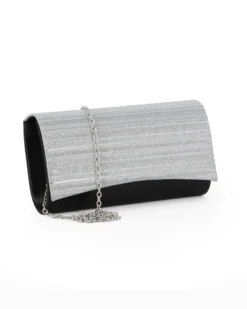 MISS GLOBO - Pochette in raso nera con patta glitter argento effetto plissettato,  tracolla removibile