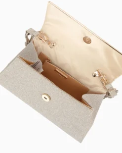 MISS GLOBO - Pochette oro in lurex  con patta e manico annoddato con strass, tracollina removibile