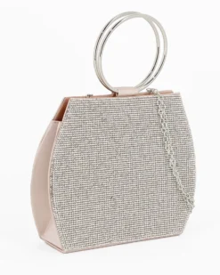 MISS GLOBO - POCHETTE RASO NUDE CON STRASS E MANICI TONDI IN METALLO