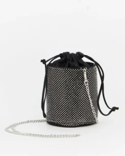 MISS GLOBO - Pochette secchiello nera con strass e chiusura coulisse, tracolla catenina removibile