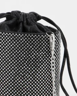 MISS GLOBO - Pochette secchiello nera con strass e chiusura coulisse, tracolla catenina removibile