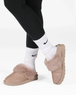 MISS GLOBO - Sabot khaki scamosciato con pelliccia