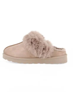 MISS GLOBO - Sabot khaki scamosciato con pelliccia
