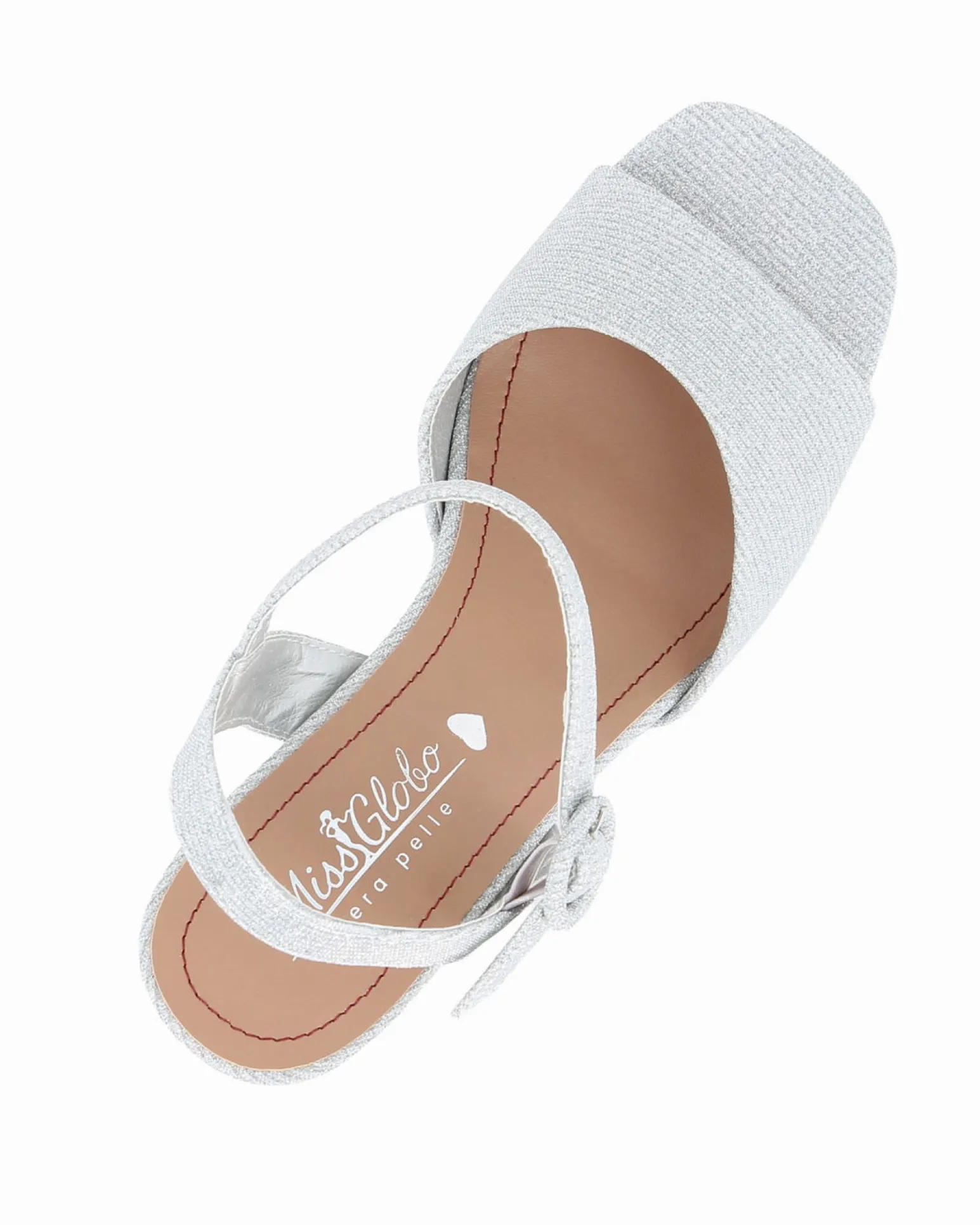 MISS GLOBO - Sandalo argento in lurex con sottopiede in VERA PELLE e cinturino alla caviglia, tacco 9CM