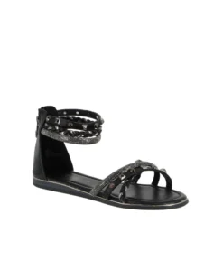 MISS GLOBO - Sandalo nero con strass, borchie e zip posteriore
