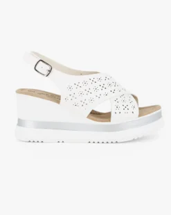 MISS GLOBO - Sandalo platform bianco con fasce incrociate traforate e sottopiede in memory soft, zeppa 7CM