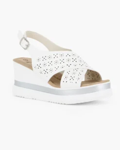 MISS GLOBO - Sandalo platform bianco con fasce incrociate traforate e sottopiede in memory soft, zeppa 7CM