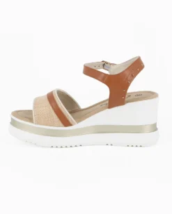 MISS GLOBO - Sandalo platform beige/cuoio con fascia intrecciata e cinturino alla caviglia