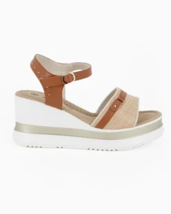 MISS GLOBO - Sandalo platform beige/cuoio con fascia intrecciata e cinturino alla caviglia