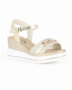 MISS GLOBO - Sandalo platform beige/platino con sottopiede in memory soft e morsetto con strass, zeppa 7CM