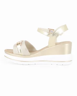 MISS GLOBO - Sandalo platform beige/platino con sottopiede in memory soft e morsetto con strass, zeppa 7CM