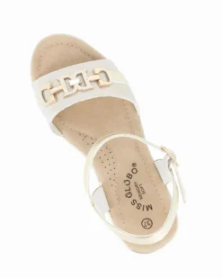 MISS GLOBO - Sandalo platform beige/platino con sottopiede in memory soft e morsetto con strass, zeppa 7CM