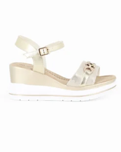 MISS GLOBO - Sandalo platform beige/platino con sottopiede in memory soft e morsetto con strass, zeppa 7CM