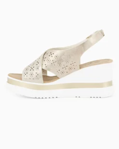 MISS GLOBO - Sandalo platform beige con fasce incrociate traforate e sottopiede in memory soft, zeppa 7CM