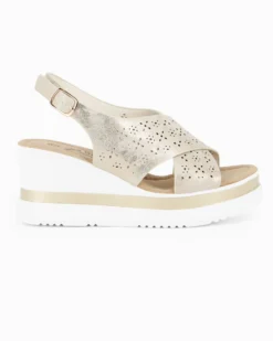 MISS GLOBO - Sandalo platform beige con fasce incrociate traforate e sottopiede in memory soft, zeppa 7CM