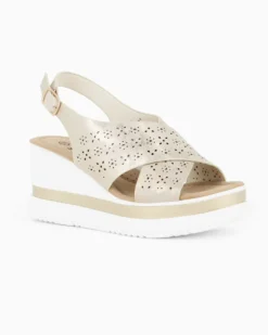 MISS GLOBO - Sandalo platform beige con fasce incrociate traforate e sottopiede in memory soft, zeppa 7CM