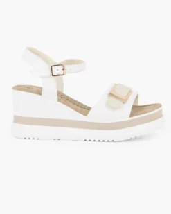 MISS GLOBO - Sandalo platform bianco/panna con fibbia sulla fascia anteriore e sottopiede in memory soft, zeppa 7CM