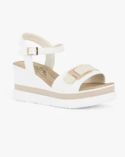 MISS GLOBO - Sandalo platform bianco/panna con fibbia sulla fascia anteriore e sottopiede in memory soft, zeppa 7CM