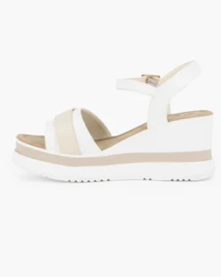 MISS GLOBO - Sandalo platform bianco/panna con fibbia sulla fascia anteriore e sottopiede in memory soft, zeppa 7CM
